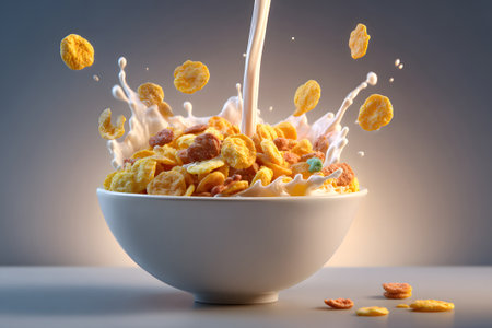 A colorful bowl of cereal with honey oat rings, berries, and nuts is shown as milk splashes in the air. The scene captures a vibrant morning breakfast moment.の素材