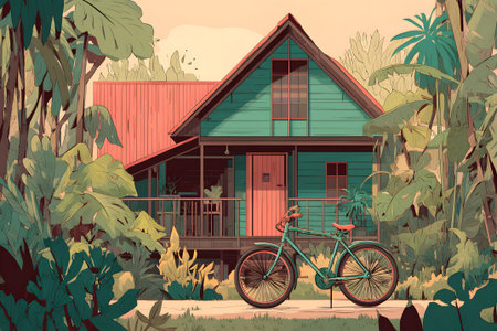 A charming blue wooden house stands amidst vibrant green foliage. A classic bicycle is leaned against the house, creating a peaceful, inviting atmosphere on a sunny day.の素材