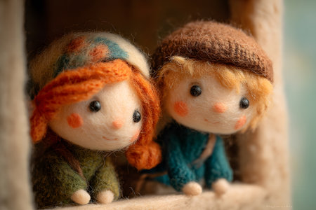 Two felt dolls sit close together by a window, wearing colorful sweaters. Soft lighting creates a warm and inviting atmosphere, adding charm to the scene.の素材