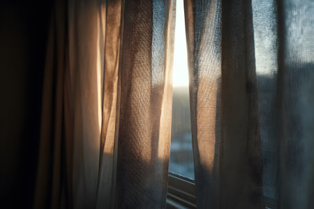 Soft sunlight filters through light curtains, creating a warm atmosphere in a room as day transitions to evening. The colors of the sunset enhance the serene vibe.の素材