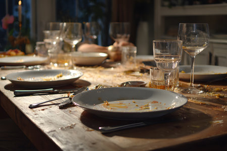 Empty plates, leftover food, and glasses are scattered across a wooden table after a fun dinner party with friends. The warm light adds a cozy night atmosphere.の素材