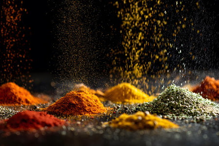 Various spices are neatly arranged in piles, displaying bright colors like red, orange, and yellow. A fine dust floats above the spices, emphasizing their rich textures in a dark setting.の素材