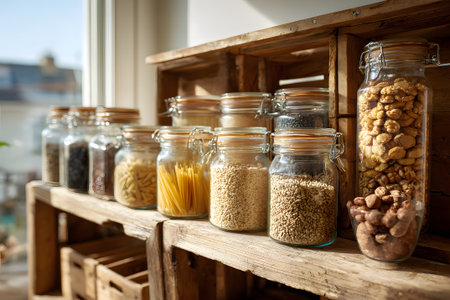 Glass jars filled with grains, seeds, and nuts are neatly arranged on rustic wooden shelves. Natural light enhances the warm atmosphere in the cozy kitchen.の素材