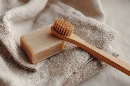 A bamboo toothbrush and natural soap bar rest on a textured linen cloth, creating a calm and eco-conscious atmosphere perfect for daily hygiene routines.の素材