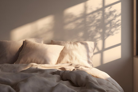 A well-made bed features light-colored pillows and a soft duvet. Sunlight filters through a window, adding warmth to the serene space. It invites relaxation and comfort.の素材
