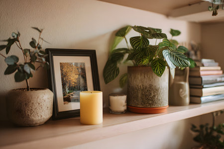A beautifully arranged wooden shelf displays decorative items like vases, a camera, books, and a framed picture. Green plants add a fresh touch to the bright room ambiance.の素材
