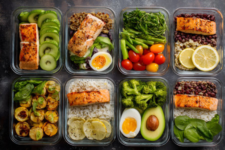 Healthy meal prep ideas with salmon, vegetables, and grains for balanced nutritionの素材