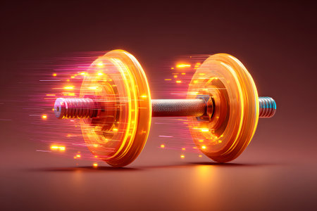 Weightlifting equipment with glowing effect portrays strength and energy in fitnessの素材