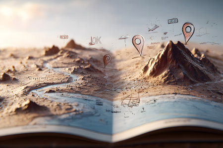 Detailed geographic map showing mountains, rivers, and location markers at sunset with a focus on exploration and adventureの素材