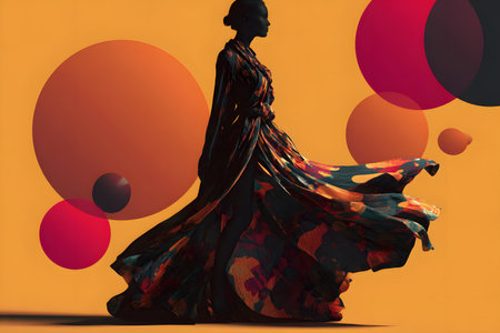 Fashion model showcases vibrant dress design against a colorful backgroundの素材