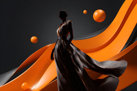 Innovative fashion design showcases elegant dress against bold orange and black backdrop in modern studio settingの素材