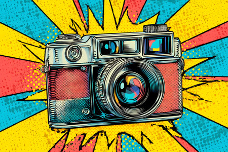 A stylized illustration of a retro camera set against a colorful pop art background. Bold colors and shapes create a playful and energetic scene emphasizing photography.の素材