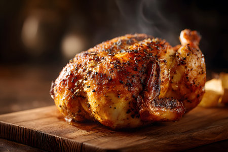 A succulent roasted chicken rests on a wooden board, radiating warmth with steam rising in a cozy kitchen. Golden brown skin glistens under soft light.の素材