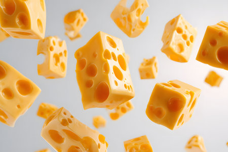 Bright yellow cheese chunks are suspended in mid-air, showing their unique holes and textures. This dynamic scene captures the playful nature of cheese in a fun and engaging way.の素材