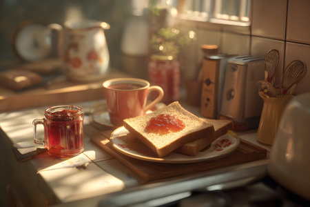 Morning sunlight streams through the window, illuminating a cozy kitchen. Toast with honey sits on a plate next to a warm cup of coffee, creating a welcoming atmosphere for breakfast.の素材