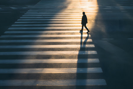 A lone figure walks thoughtfully along a crosswalk in a quiet urban area as the sun sets, casting long shadows on the pavement. The scene captures a peaceful evening moment.の素材