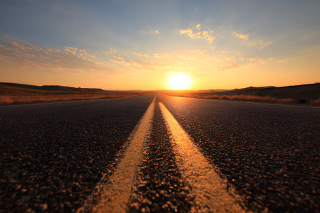 A long, straight road leads into the distance as the sun sets behind the mountains. The golden light bathes the landscape and highlights the pavement.の素材