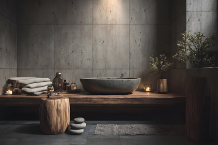 This serene bathroom features a large stone bathtub positioned near a window. Lush plants and soft lighting create a peaceful atmosphere, ideal for relaxation and rejuvenation.の素材