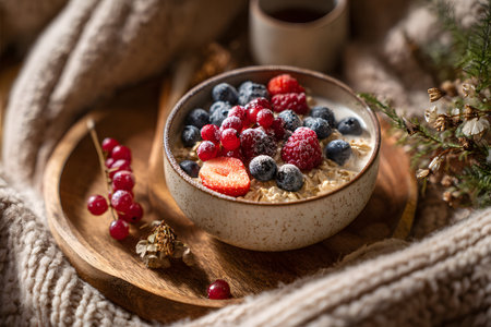 A warm bowl of oats topped with strawberries, blueberries, and raspberries sits on a wooden plate. A cup of dark drink is nearby in a comfortable, rustic space.の素材