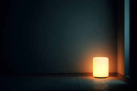 A simple bedside lamp casts a warm light in a dark room. The lampshade softly diffuses the glow, creating a calm atmosphere for relaxation.の素材