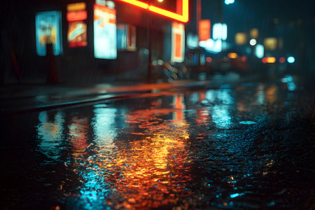 Bright signs glow against the dark sky as rain falls, creating a vibrant scene. Reflections shimmer on the street, capturing the essence of a lively urban night.の素材