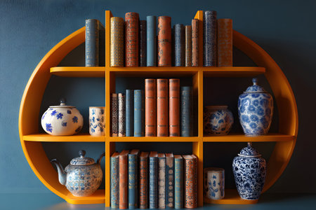 A stylish shelf displays a collection of books alongside two artistic vases in a contemporary setting. The vases have golden accents, adding elegance to the decor.の素材