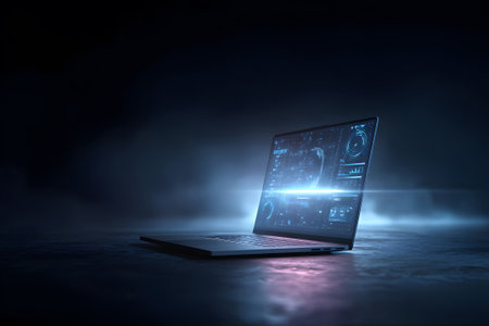 A laptop sits on a flat surface, with vibrant blue waves and smoke emerging from its screen. The dark background enhances the glowing effect, creating a mystical atmosphere in the scene.の素材