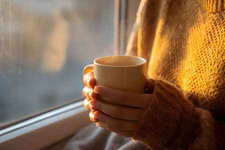 In a cozy setting, hands in knit gloves hold a warm cup of coffee. Sunlight streams through the window, creating a soft glow in the room during the morning.の素材