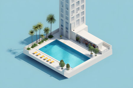 A tranquil swimming pool sits in a sunny outdoor area, surrounded by vibrant palm trees. Sun loungers rest nearby, offering a perfect spot to relax and enjoy the weather.の素材