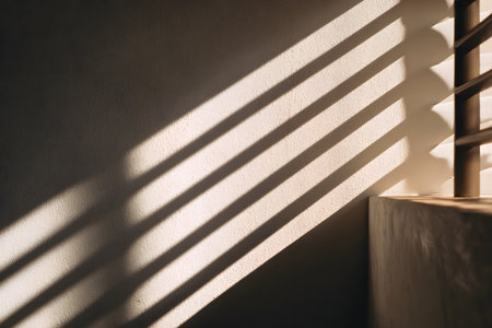 Bright sunlight streams through windows, creating soft shadows on the wall and floor of a peaceful room. The light enhances the calm atmosphere during the day.の素材