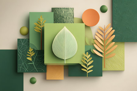 Colorful paper cut leaves and shapes blend harmoniously, showing an artistic representation of nature. The design uses soft tones and layered textures, creating depth and interest.の素材