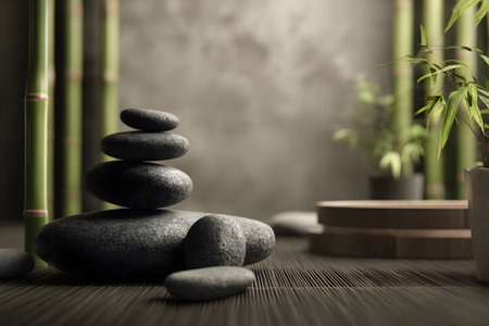 A serene arrangement of smooth stones is stacked next to tall bamboo plants. This peaceful scene captures the essence of a calming garden, perfect for relaxation or meditation.の素材