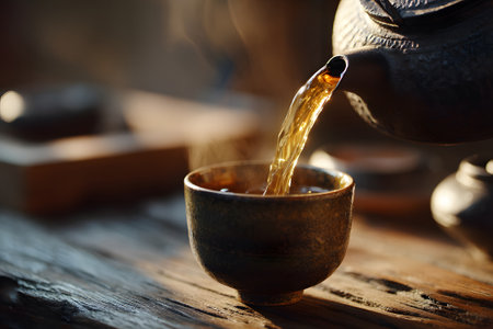 Hot tea is being poured from a classic teapot into a handcrafted ceramic cup. The steam rises from the cup, creating a warm atmosphere. Natural light enhances the scene.の素材