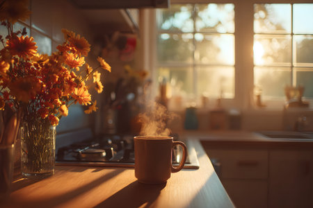 Soft sunlight streams through the windows of a warm kitchen, illuminating a steaming mug of coffee placed on a woven coaster, with potted flowers adding a cozy touch.の素材