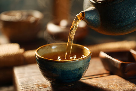 Hot tea is being poured from a classic teapot into a handcrafted ceramic cup. The steam rises from the cup, creating a warm atmosphere. Natural light enhances the scene.の素材