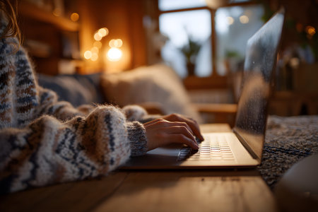 A person wearing a thick sweater sits comfortably on a bed, typing on a laptop. The room has soft lighting, creating a warm and inviting atmosphere for work or relaxation.の素材