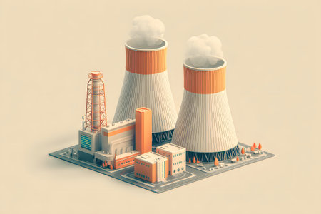 This industrial area features two large cooling towers releasing steam into the sky. Surrounding structures include turbines and equipment, located by the water. The setting is bright and clear.の素材