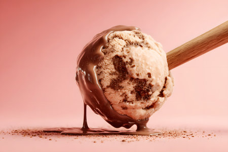 A scoop of creamy pink strawberry ice cream sits on a metal scoop against a warm yellow background. Perfect for hot summer days, this treat looks refreshing and inviting.の素材