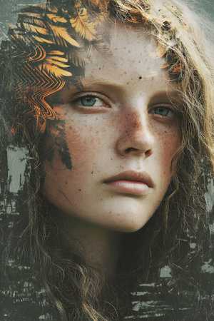 Portrait of a girl with natural elements blending into her hair and features, symbolizing harmony with natureの素材