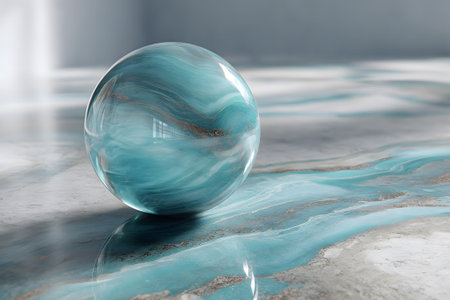 Vivid blue marble sphere resting on a glossy surface with flowing patternsの素材