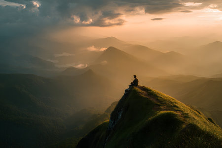 Sunset over the mountains with a person sitting on a peak enjoying the view in a tranquil environmentの素材