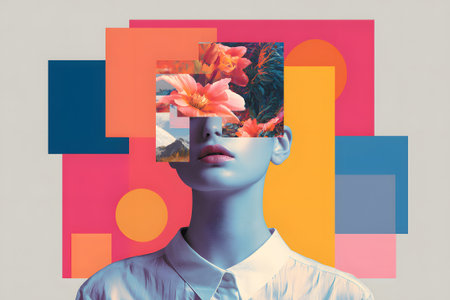 Artistic portrait blending natural elements with geometric shapes in bright colorsの素材