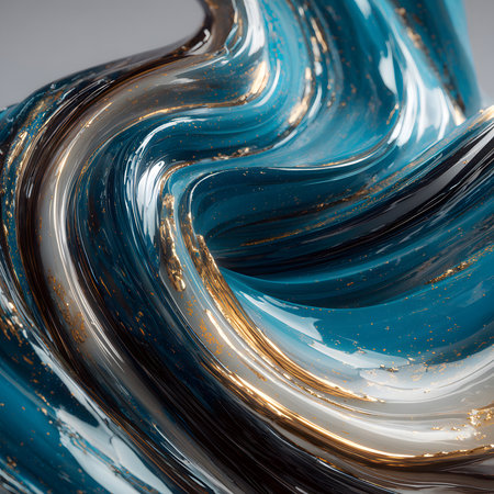 Swirling, colorful fluid shapes blend together in vibrant hues of yellow, blue, and purple, creating a dynamic visual experience against a dark backdrop.の素材