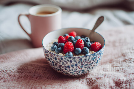A warm bowl of oats topped with strawberries, blueberries, and raspberries sits on a wooden plate. A cup of dark drink is nearby in a comfortable, rustic space.の素材