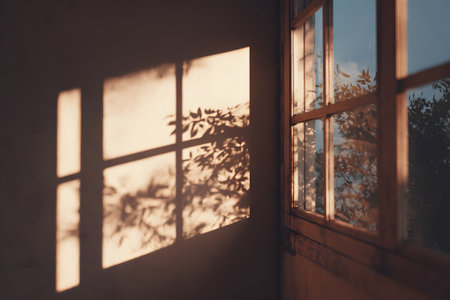 Sunlight gently streams through a window, casting delicate shadows on the wall. The serene atmosphere creates a peaceful and tranquil environment, perfect for relaxation.の素材