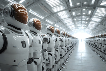 Rows of humanoid robots stand in a vast, futuristic factory setting, showcasing advanced technology. The environment is sleek and filled with bright lights, reflecting a modern industrial space.の素材