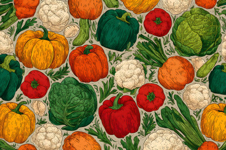 This vibrant design displays an assortment of fresh vegetables including cabbage, carrots, and onions. The colorful arrangement highlights the beauty of natural produce.の素材