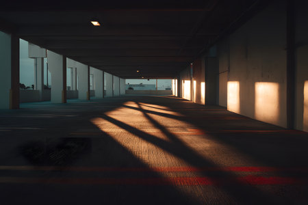 Sunlight streams through openings in a concrete parking structure, casting long shadows on the smooth surface below, creating a unique atmosphere.の素材