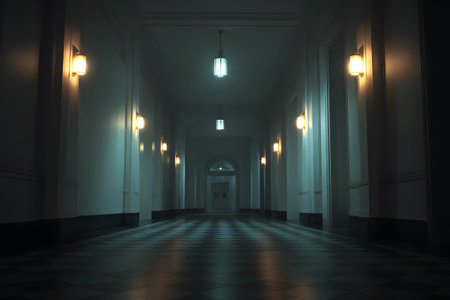 A long hotel hallway stretches out with dim lights on the walls. The atmosphere feels calm and mysterious, suggesting a quiet night in a secluded area.の素材