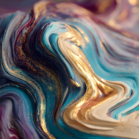 Swirling, colorful fluid shapes blend together in vibrant hues of yellow, blue, and purple, creating a dynamic visual experience against a dark backdrop.の素材